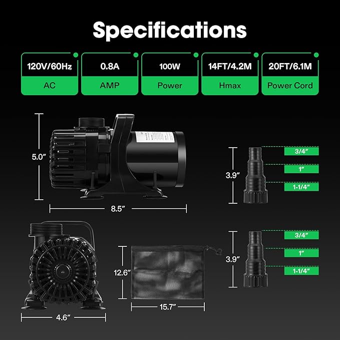 VIVOSUN 1800 GPH Submersible Water Pump with Barrier Bag, 100W Pond Pump with 14FT. Lift Height, Ultra Quiet Aquarium Pump for Pond, Waterfall, Fish Tank, Statuary, Hydroponic
