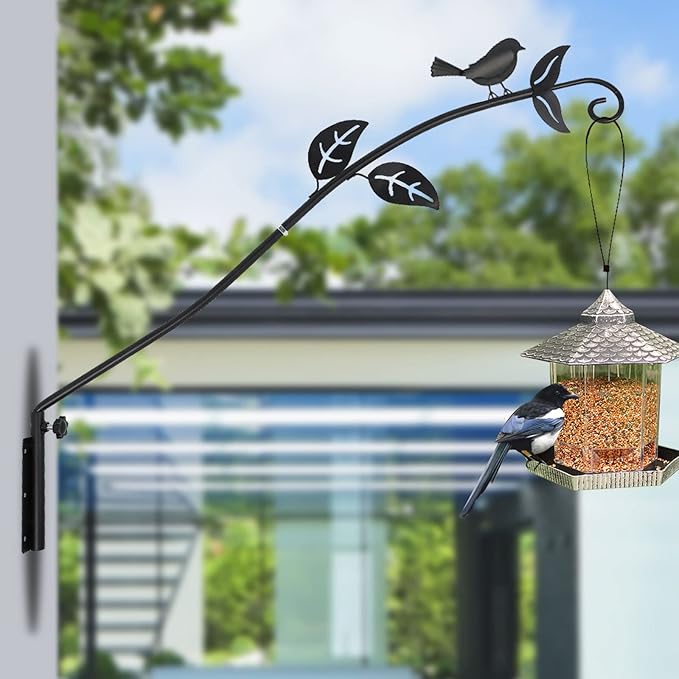 MorTime Extended Reach Wall Mounted Deck Hook, 26.5 Inches Multidirectional Heavy Duty Metal Bird Wall Bracket Wall Mounted Pole for Outdoor Lanterns Wind Chimes Bird Feeders