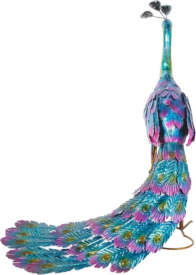 Alpine Corporation - 23" Tall Outdoor Metallic Peacock Tail Spread Yard Statue – Vibrant Garden Sculpture for Patio, Lawn, or Entryway (Multicolor)