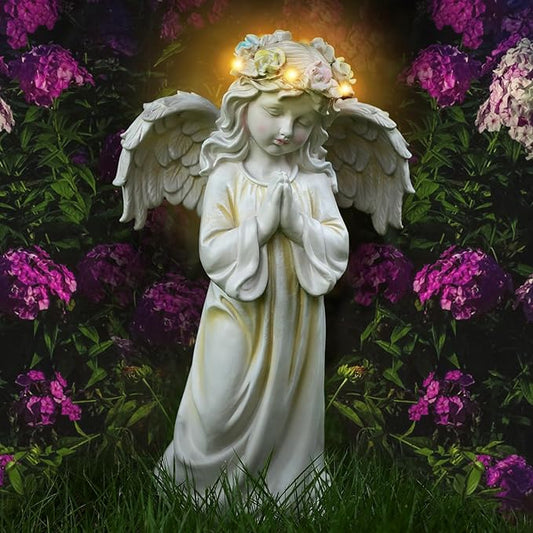 Angel Garden Statue,Memory Guardian Solar Garden Decor with Warm Light,Waterproof Outdoor Garden Decor Praying Angel Figurine Sculpture for Lawn Yard Patio,Sympathy Gift,White