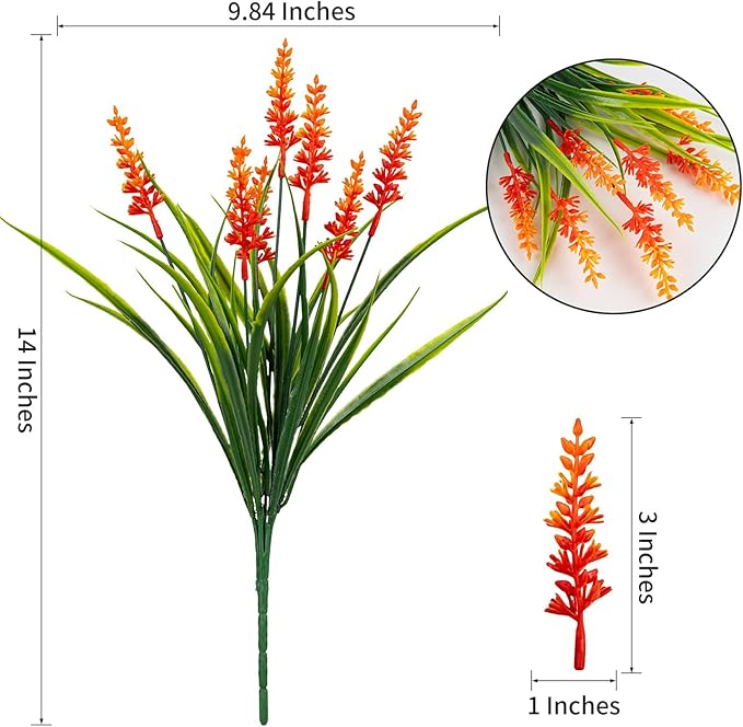 Artificial Fall Flowers for Outdoor Plants 12 Bundles Fake Lavender Plastic Faux Monkey Grass for Verandah Window Garden Office Patio Front Porch UV Resistant for Planter(Orange)