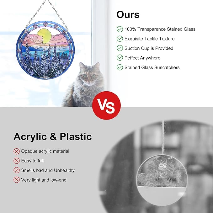 6’’ Lavender Suncatcher Stained Glass - Sun Catcher with Mountain Stained Glass Window Hanging, Suncatchers for Windows Hanging, Lavender Wall Decor, Suncatcher Gifts for Women/Friends/Lover