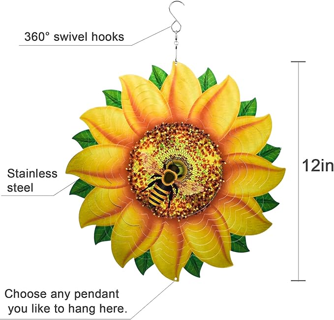 Sunflower Wind Spinner Metal Garden Decor Outdoor 3D Stainless Steel Sculptures Kinetic Hanging Whirligigs Yard Art Decorations Backyard Indoor Patio Lawn Ornaments Clearance Sun Catcher Windmill