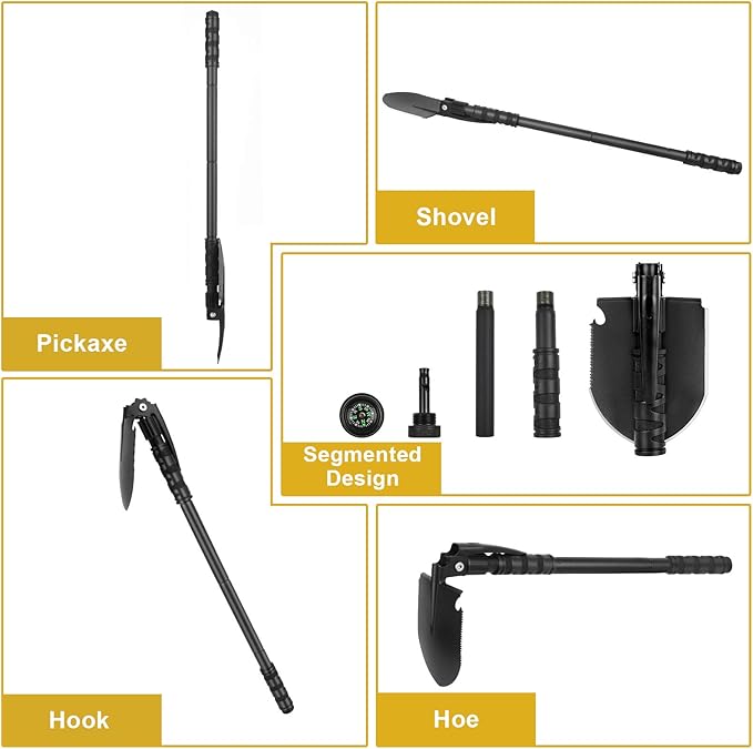 Folding Shovel, (24.21'') Camping Shovel, Survival Off Road E Tool Shovel, with Pickaxe, Portable Bag, High Carbon Steel, for Digging, Backpacking, Hiking, Gardening, Emergency, Outdoor
