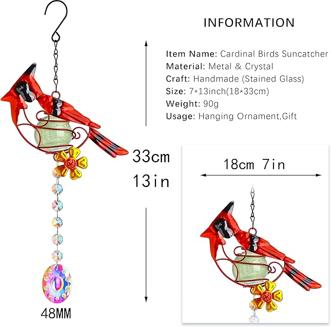 13inch Stained Metal Cardinal Birds Sun Catcher Decorative Window Hanging Ornament Crystals Prism Suncathers Red Bird for Home Garden Decor