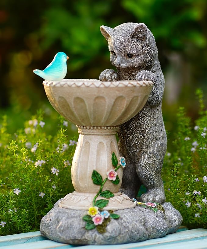 Solar Cat Statues for Bird Bath: Outdoor Sculptures for Garden Lawn Patio Yard Balcony Porch - Unique Gifts for Mother Grandma Women