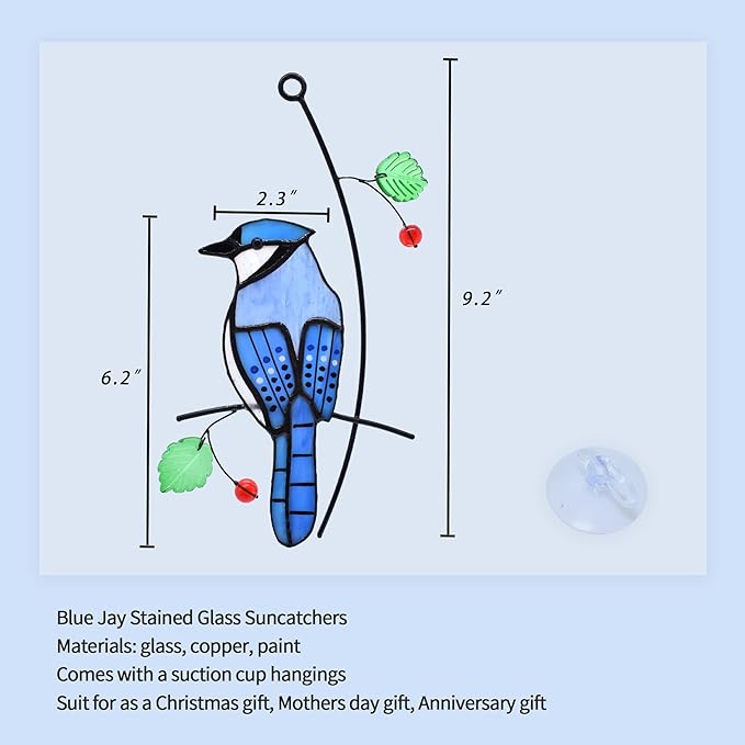 Lolitarcrafts Blue Jay Modern Stained Glass Window Hangings Blue Birds Suncathers for Window