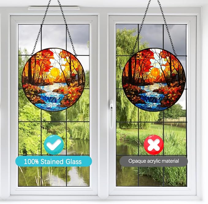 Sunset Suncatcher Stained Glass Window Hanging - Sun Catchers Indoor Window Decorations with Tree and River - Sunset Scenery Window hangings with Hooks - Valentines Day Gifts for Him Her Women Men