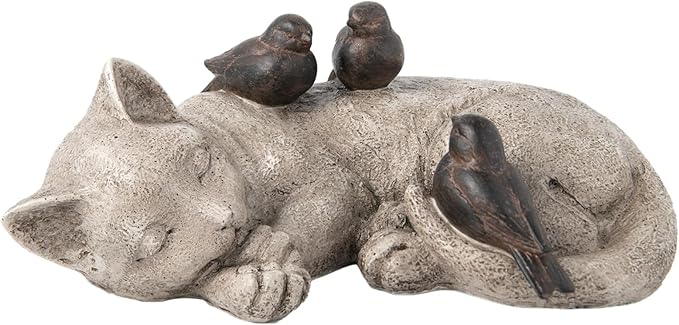 Sleeping Cat Garden Statues Outdoor - 12"Sparrows On Cat Figurine Memorial Statue Grave Markers Garden Resin Sleeping Cat Statues for Garden Decor Outdoor Cat Statue Resin 12" x 8" x 4.5"LC LCdecohome