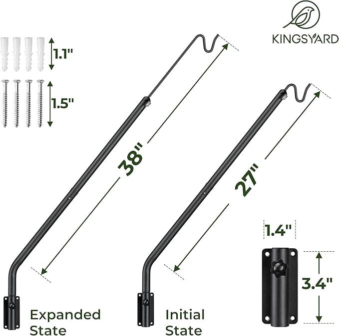 Kingsyard 2 Pack Heavy Duty Wall Mounted Deck Hook, 27"-39" Adjustable Metal Plant Wall Hanger for Hanging Bird Feeders, Planters, Lanterns, Wind Chimes, Wall Mounted