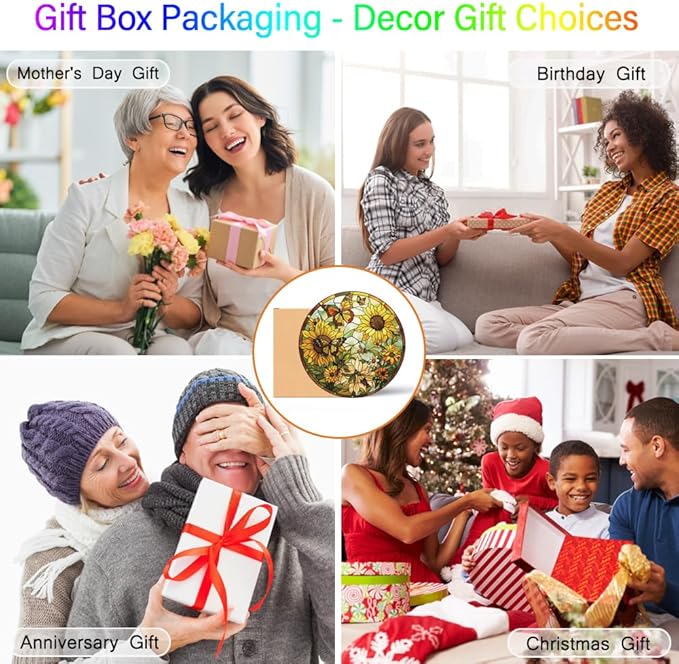 Sunflower Decor Suncatcher Stained Glass Window Hanging - Butterfly Stained Glass Suncatchers for Windows - Sun Catchers Indoor Window with Chain and Hook - Sunflower Gifts for Women Mom Teacher Gift