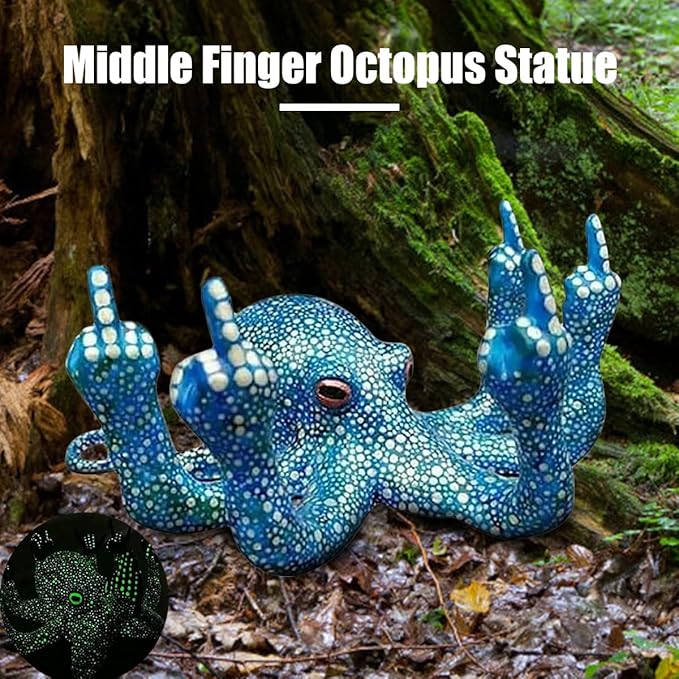 Middle Finger Octopus，Middle Finger Statue，Weird Decor Suitable for Indoor and Outdoor Garden Home Various Fish Tank Decoration (Blue)