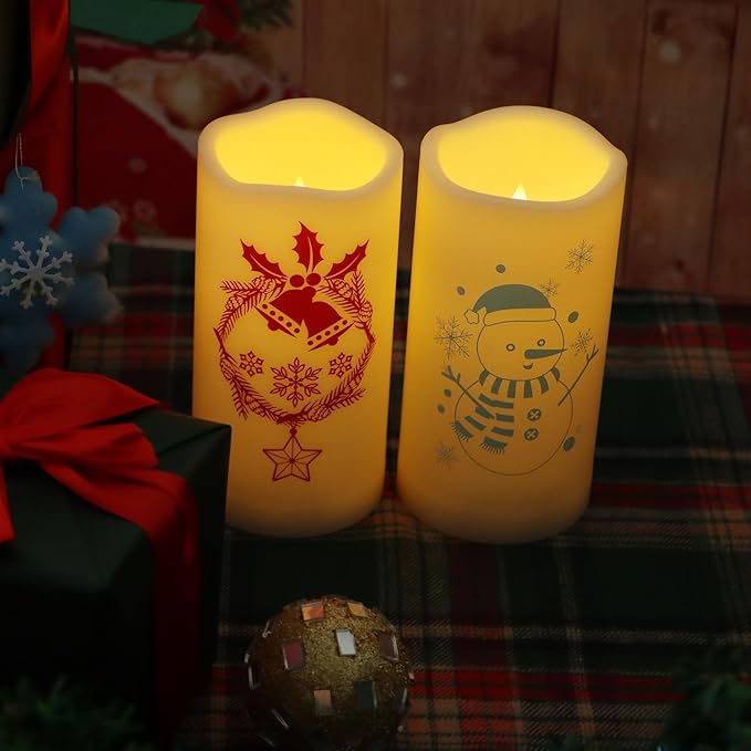 Outdoor Battery Operated Flameless Pillar Candles Auto Daily Timer Waterproof Realistic Flickering Electric LED Lights Wreath Jingle Bell Snowman Decals Christmas Decoration 3”X6” 2 Pack