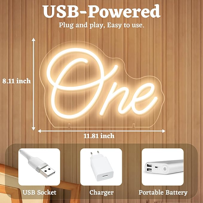 One Neon Sign for First Birthday, LED Neon Lights One Table Number Neon Light Lamp for Home Birthday Party Decor Photo Prop Christmas Gift