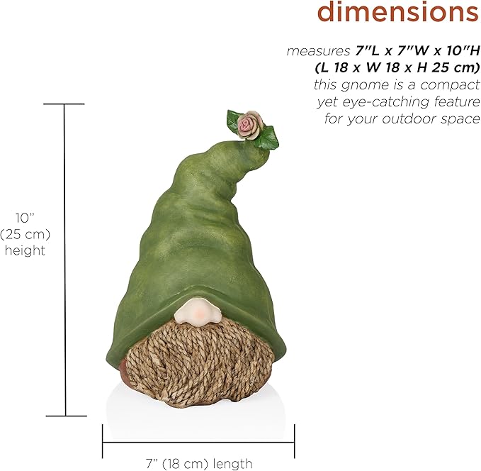 Alpine Corporation QWR1440 Gnome Head with Sculpted Rope Beard and Flower on Hat, Playful Décor for Garden & Patio, 10" H, Green