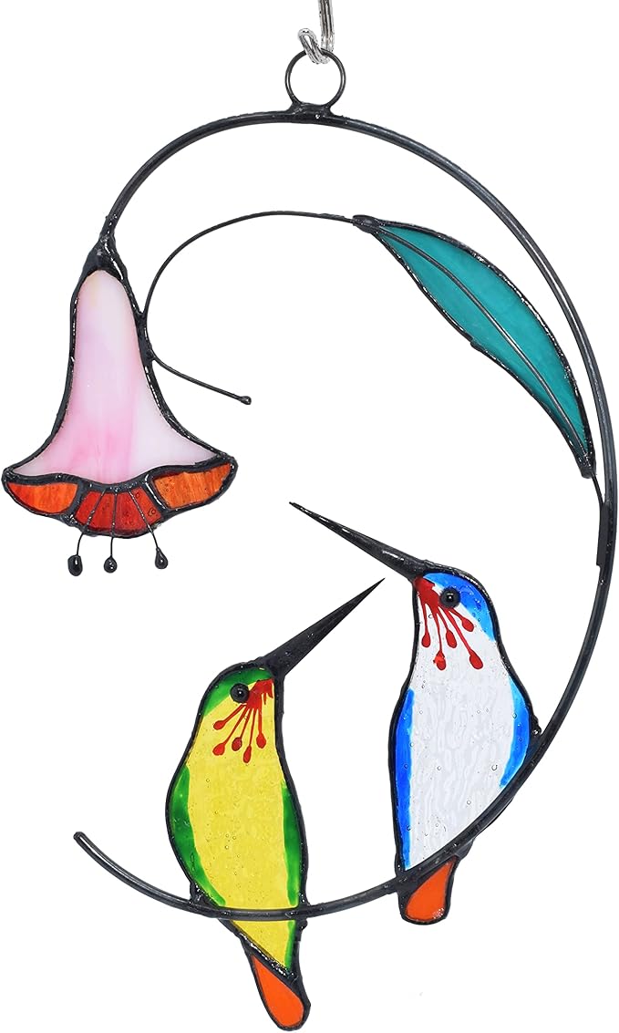 Lolitarcrafts Hummingbird with Flower Stained Glass Suncatcher Bird Stained Glass Window Hangings Hummingbird Gift for Home Decor (Green and Blue)
