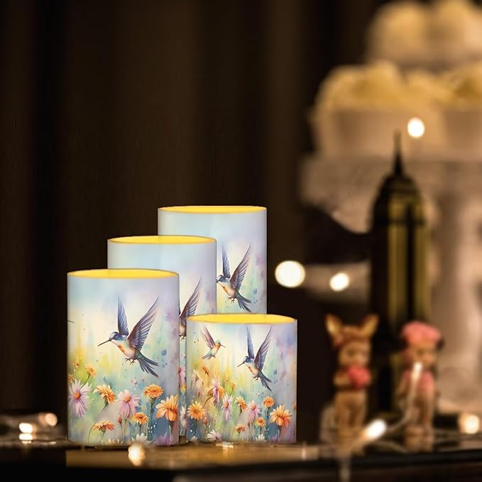 Flameless Candles Battery Powered LED Candles with Remote Timer Color Changing Control Long Lasting for Indoor Outdoor Home Decoration Set of 4, Hummingbird Daisy Purple