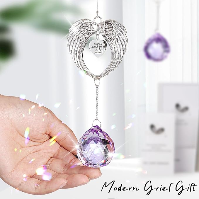 Sympathy Gift Modern Grief Gift for Lose of Loved Ones, Memorial Suncatcher with 40mm Crystal Ball, Sorry for Your Lose Rainbow Maker, Bereavement Gift Idea Angel Wings Design, Purple