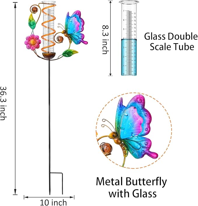 LEWIS&WAYNE 36.3” Butterfly Rain Gauge Outdoor, 7” Glass Tube Solar Powered 10 Warm White LEDs Garden Metal Stakes Decorative Waterproof for Yard Garden Patio Lawn