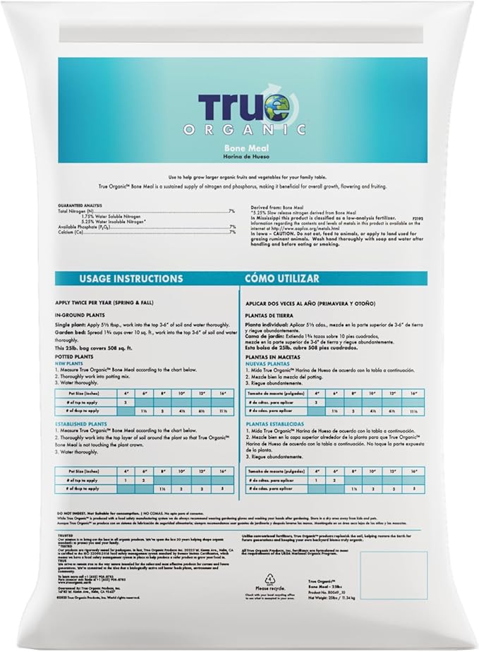 True Organic Bone Meal – Organic Fertilizer for Growth, Flowering, and Fruit Production – 25lb Bag Covers 508 Sq. Ft.