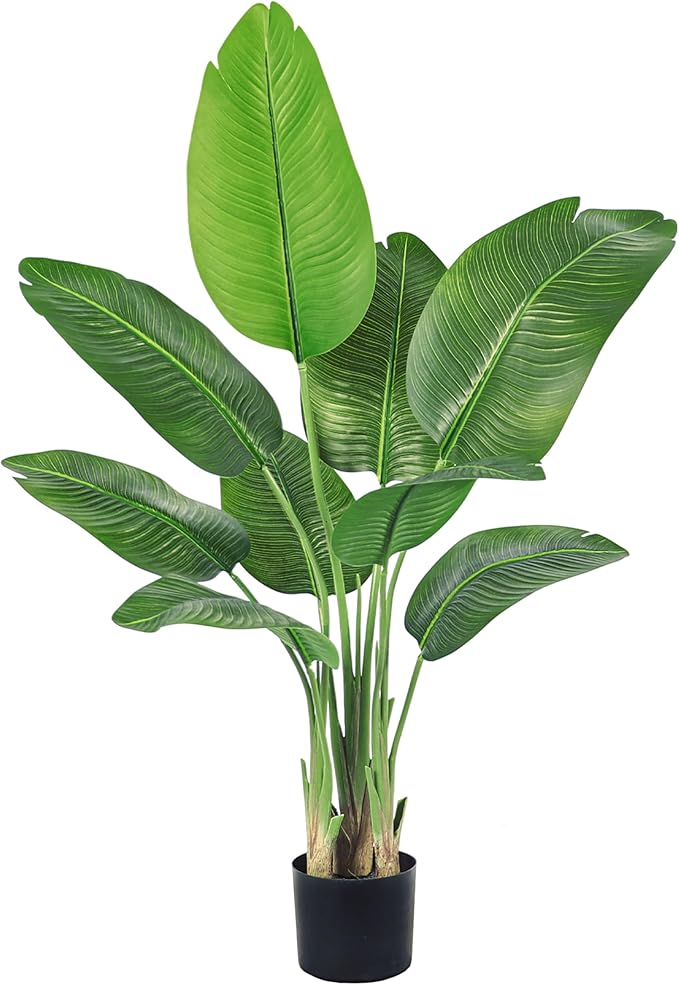 Lifelike Bird of Paradise Silk Artificial Plant Faux Banana Leaf Tree for Home Decor - Perfect Indoor Floor Plant with 9 Trunks (1, Black Planter, 4 FT)