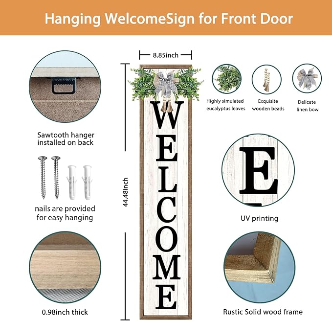 Surfapans Welcome Sign for Front porch Standing 45"X9"Large Wood Frame Outdoor Tall Welcome Signs Vertical Decor for Farmhouse Rustic Home Modern Outside Front Door Wall Decorations (Wood White)