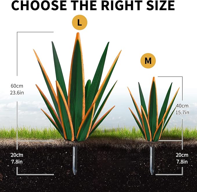 Large Tequila Rustic Sculpture, Rustic Metal Agave Plants for Outdoor Patio Yard, Home Decor Hand Painted Metal Agave Garden Yard Statue, Outdoor Lawn Ornaments Yard Stakes (Dark Green - M)