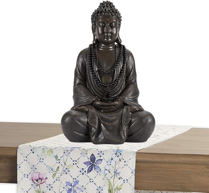 Goodeco 11.4" Meditating Buddha Statue Home Decor - Meditation Gifts for Room/Garden/Patio/Deck/Porch Yard Art Decoration, Zen Decor Buda Statues with Natural Wood Beaded Necklace