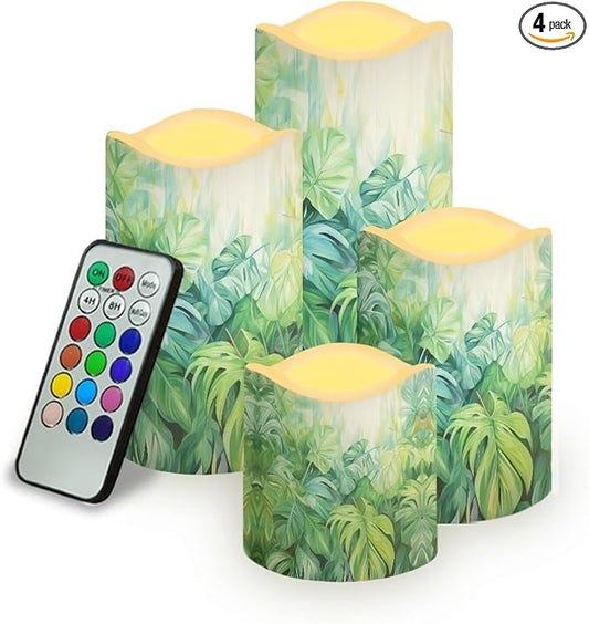 Ystardream Tropical Leaf Flameless Candles with Remote Battery Operated Candles Realistic LED Candles with Remote and Timer Set of 4 for Home Wedding Birthday Decorations