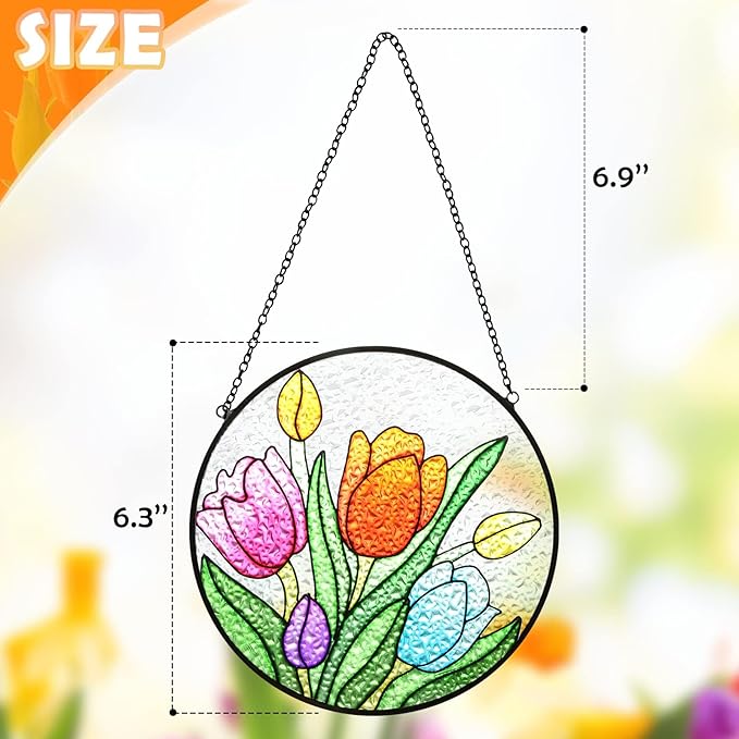 Tuitessine Tulip Suncatcher Stained Glass Window Hanging Panels, 6.3''x6.3'' Round Handmade Hanging Ornament with Chain, Garden Patio Wall Decor Flower Gift for Mom Teachers Friends