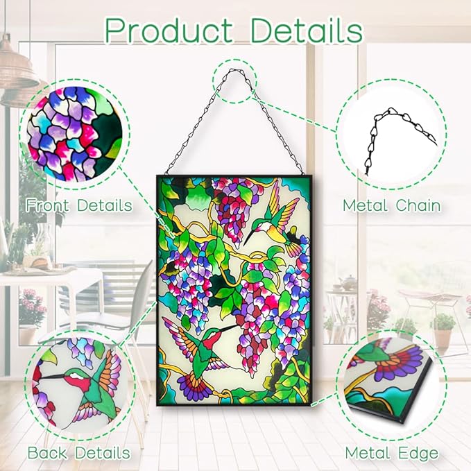 VEWOGARDEN Hummingbird Stained Glass Window Hangings 10" W x 15" H Bird Suncatcher Panel with Chain Windows Hanging Decor Ornament Gift