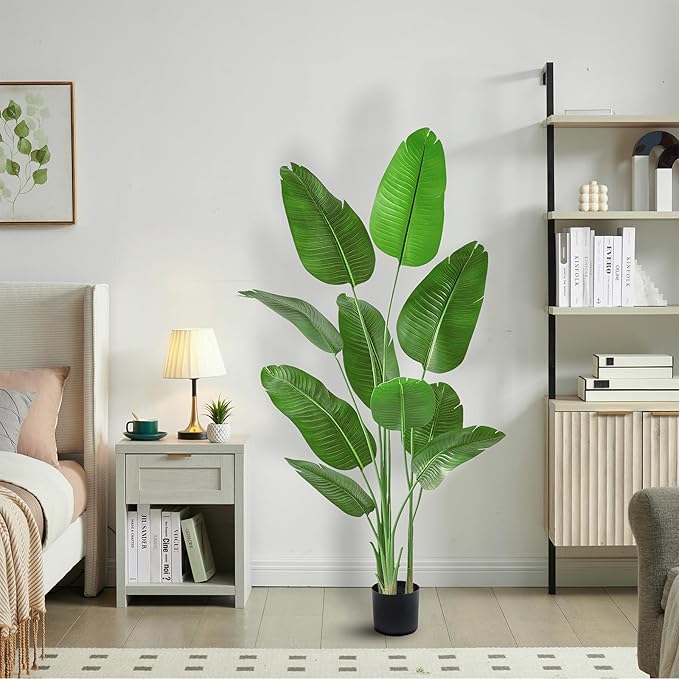 Lifelike Bird of Paradise Silk Artificial Plant Faux Banana Leaf Tree for Home Decor - Perfect Indoor Floor Plant with 9 Trunks (1, Black Planter, 6 FT)