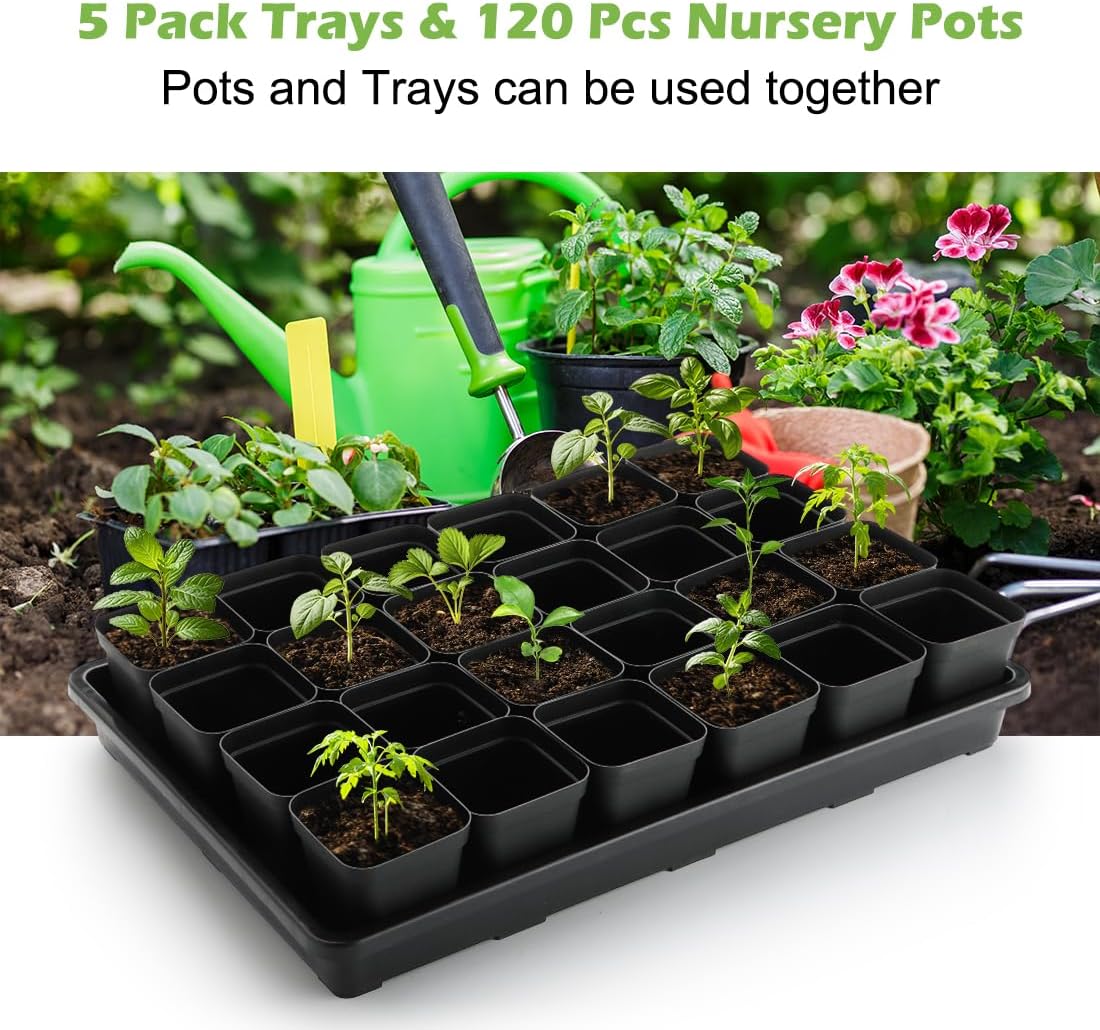 2.8 inch (7CM) Square Nursery Pots 120pcs with 5 Pack Seed Starter Trays, Durable Plastic Flat Seedling Tray (17"x11"x2") for Carrying and Holding Plant Nursery Pot (Black)