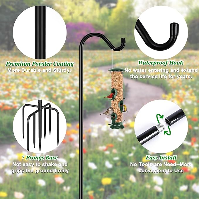 FEED GARDEN Shepards Hooks for Outdoor Bird Feeder Pole 60 Inch Adjustable Tall Heavy Duty Shepherds Hooks for Hanging Plant Baskets, Solar Lights, Wedding Decor, Lanterns, Black (2 Pack)