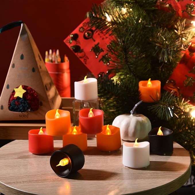 JOSU Flameless Candles Halloween Decorations, 24PCS Tea Lights Candles Battery Operated, Realistic Votive Tealights with Warm Light for Christmas Decors Outdoor(Black)