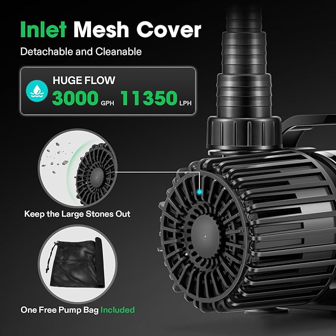 VIVOSUN 2700 GPH Submersible Water Pump with Barrier Bag, 120W Pond Pump, Ultra Quiet Aquarium Pump with 15FT. Lift Height for Pond, Waterfall, Fish Tank, Statuary, Hydroponic