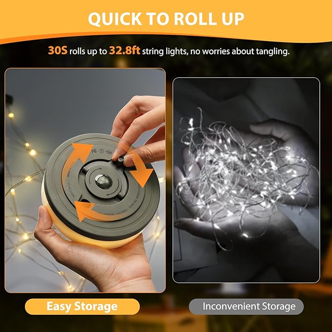 Camping String Lights, 4 in 1 Quick Storage 32.8FT Rechargeable Tent Lights with 6 Modes Hanging Waterproof Camp Lamp Camping Essentials for AwnTent Hiking Garden Bedroom Festival (Warm White)-2Pack