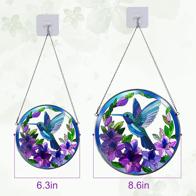 Stained Glass Sun Cather for Window Hanging, 6.3'' Hummingbird Window Ornament for Indoor Outdoor, Hand Painted Stain Glass Gift for Women, Bird Nature Lovers