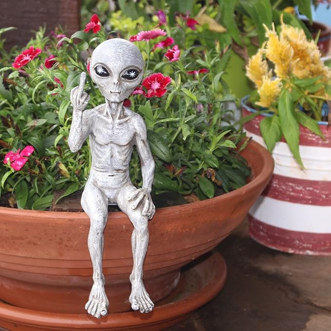 Rude Alien Statue “Flipping The Bird” 10″ H Shelf Sitter Extraterrestrial Figurine Funny Home or Garden Decoration (Alien Gray)