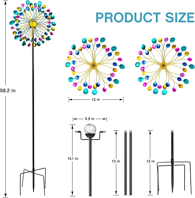Solar Wind Spinners for Yard and Garden- 58.2 Inch Metal Wind Sculptures Outdoor Clearance Kinetic Windmills with Multi Color Led Glass Ball (Polka Dots)