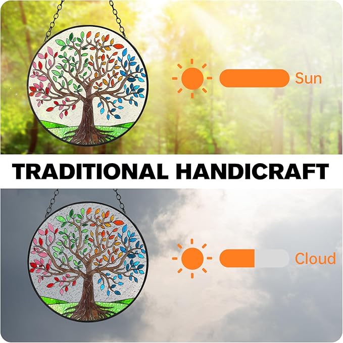 Tree of Life Suncatchers Stained Glass Window Hangings Ornaments, 6.3''* 6.3'' Hand-Painted Vibrant Color Family Tree Sun Catcher Memorial Gifts for Women,Christmas Decor Gifts
