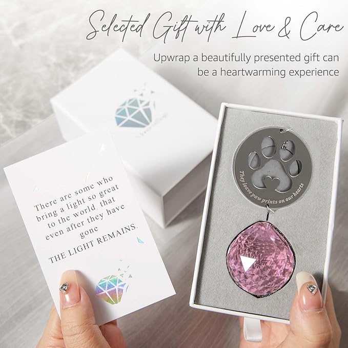 Dog Memorial Gifts, Unique Loss of Pet Sympathy Idea, Pink Crystal Ball Rainbow Suncatcher with Paw Print for Cat or Dog Remembrance and Bereavement