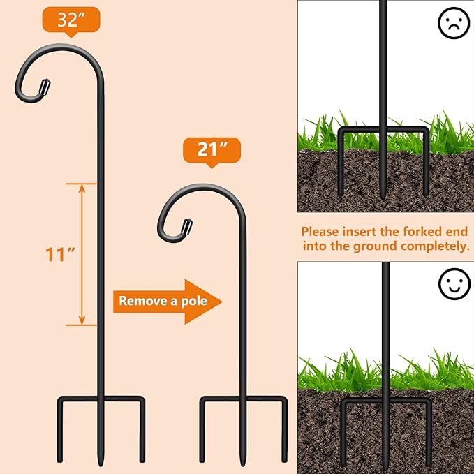 Gtongoko 8 Pack Shepherds Hooks for Outdoor 32 Inch Garden Hooks for Hanging Plants, Lanterns, Bird Feeders, Solar Lights, Mason Jars, Weddings Decor, Adjustable, Matte Black