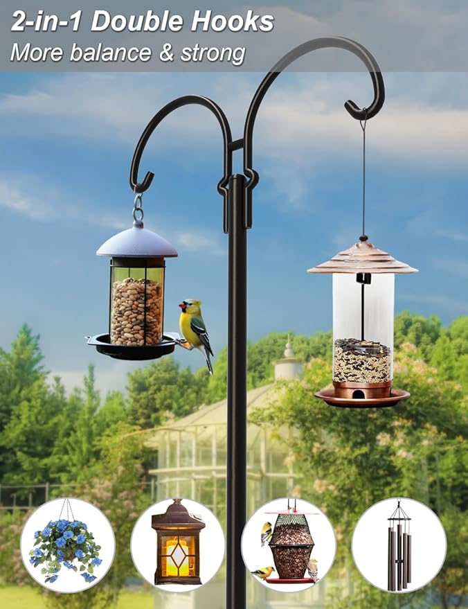 Outdoor Double Shepherds Hook with 5 Prong Base, 76 Inch Adjustable Heavy Duty Two Sided Bird Feeder Pole Stand for Hanging Plant Baskets, Solar Light Lanterns, Hummingbird Feeder, 2 Pack