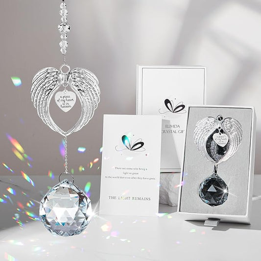 Sympathy Gift Modern Grief Gift for Lose of Loved Ones, Memorial Suncatcher with 40mm Crystal Ball, Sorry for Your Lose Rainbow Maker, Bereavement Gift Idea Angel Wings Design, Clear