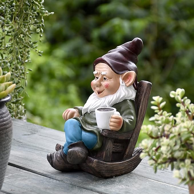 OwMell Drinking Coffee Garden Gnome Statue Decoration 7.3" Figurine Ornament for Indoor Outdoor Home Patio Yard Lawn