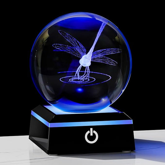Qianwei Dragonfly Gifts for Women 3D Crystal Ball 3.14'' - Laser Dragonfly Decor Glass Animals Dragonfly Gifts Figurines Statue Stuff for Room Decorations Dragonfly Night Light