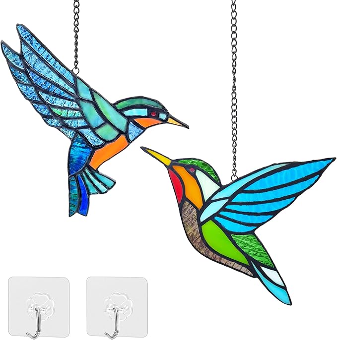 Royxen 2 Pack Hummingbird Stained Glass Window Hangings Handmade Bird Sun Catcher for Home Window
