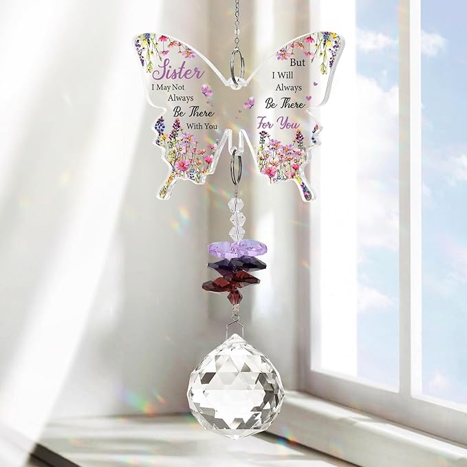 Sister Gifts, Valentines Day Gifts for Sister, Gifts for Sister Crystal Suncatcher, Mother's Day Birthday for Sister, to My Sister Gifts Hanging Butterfly Crystal Suncatcher Ornament
