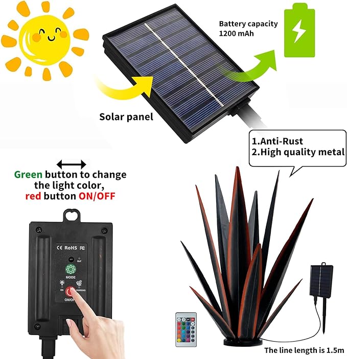 Large Tequila Rustic Sculpture, Rustic Metal Agave Plants for Outdoor Patio Yard, Home Decor Hand Painted Metal Agave Garden Yard Statue, Outdoor Lawn Ornaments (Black - L (W/Solar Light))